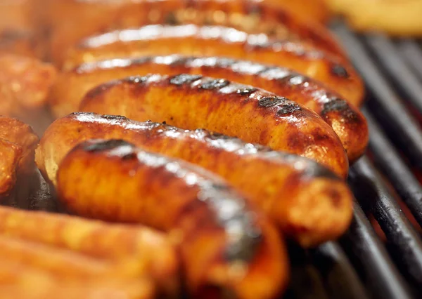 Smoking Sausages Grill Closeup Shot — Stock Photo, Image