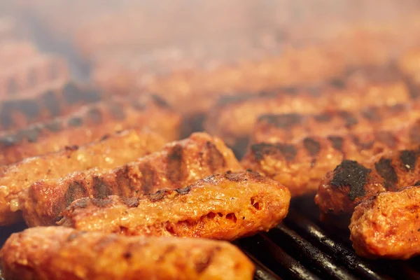 Smoking Meat Rolls Barbecue Grill — Stock Photo, Image