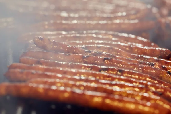 Smoking Sausages Grill Closeup Shot — Stock Photo, Image