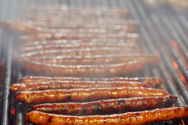 Smoking Sausages Grill Closeup Shot — Stock Photo, Image