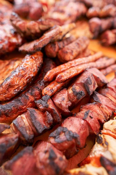 Verscheidenheid Aan Vlees Inzetten Houten Planken — Stockfoto
