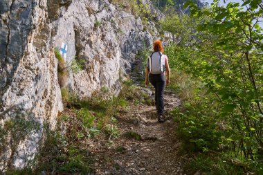 Ormanda bir yürüyüş parkurunda aktif kadın
