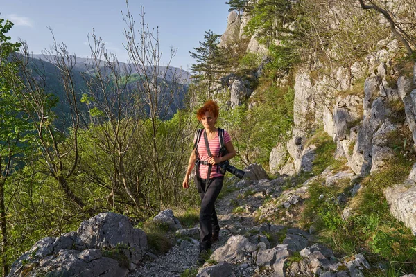 Mulher Ativa Uma Trilha Caminhadas Floresta — Fotografia de Stock