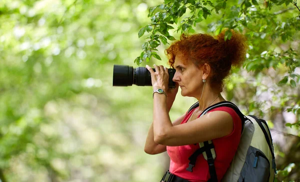 Aktive Dame Mit Rucksack Wandert Den Wald — Stockfoto