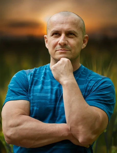 Closeup Farmer Wheat Field Sunset Pensive Expression Hand Chin — Stock Photo, Image