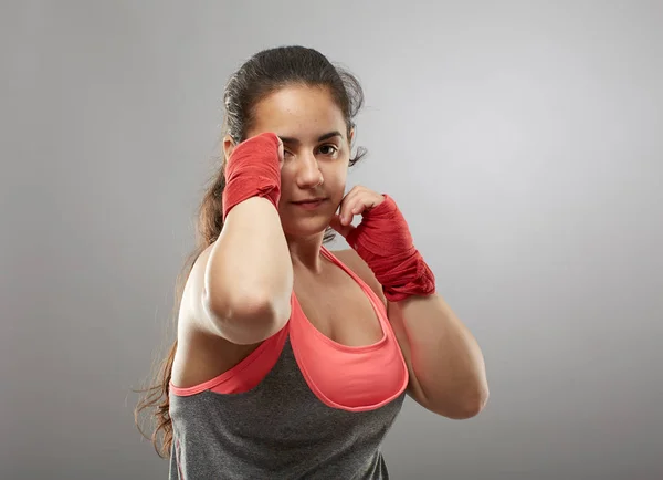 Boxer Girl Hand Wraps Doing Shadow Boxing — Stock Photo, Image