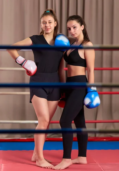 Kickboxing Meninas Posando Depois Sparring Ringue — Fotografia de Stock