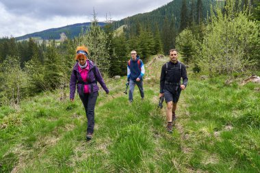 Sırt çantaları ile çam ormanlarında bir iz üzerinde yürüyüş ile Turistler