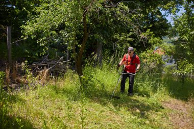 Çimlerini çim kesiciyle biçen adam