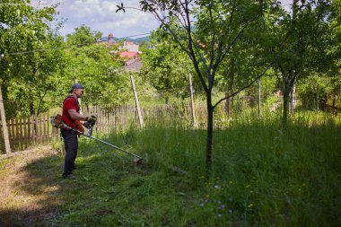 Çimlerini çim kesiciyle biçen adam