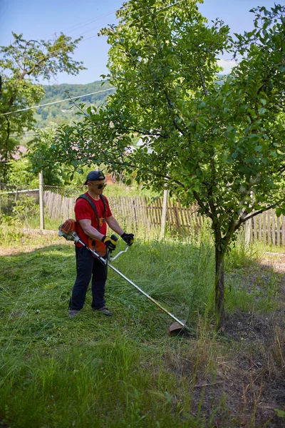 Man Klipper Sin Gräsmatta Med Gräs Fräs — Stockfoto