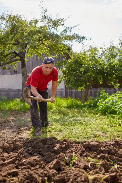 Agricultor Trabajando Con Una Pala Jardín — Foto de Stock