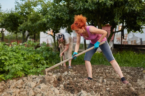 Farmer Lady Sua Filha Hoeing Jardim — Fotografia de Stock