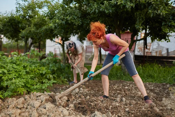 Farmer Lady Her Daughter Hoeing Garden — Stock Photo, Image