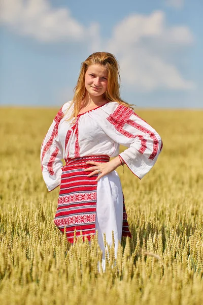 Bir Buğday Tarlasında Geleneksel Kostümlü Romen Kız — Stok fotoğraf
