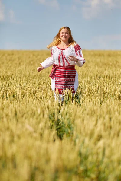 罗马尼亚女孩在小麦田里的传统服装 — 图库照片