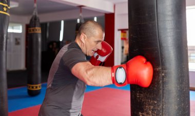 Spor salonunda ağır çanta ile Boxer eğitim 