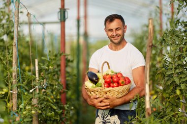 Bir sepet içinde sebze çeşitli çiftçi, sera da ayakta
