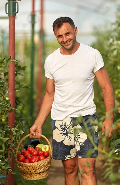 温室に立って バスケットに様々な野菜を持つ農家 — ストック写真