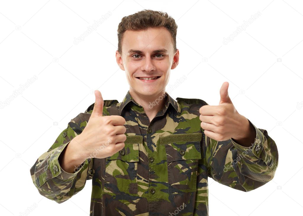 Military guy showing double thumbs up sign