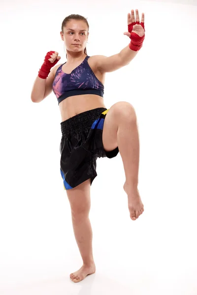 Young Girl Kickboxing Fighter Training Isolated White Background — Stock Photo, Image