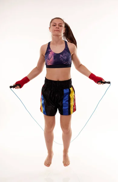 Young Girl Kickboxing Fighter Training Isolated White Background — Stock Photo, Image