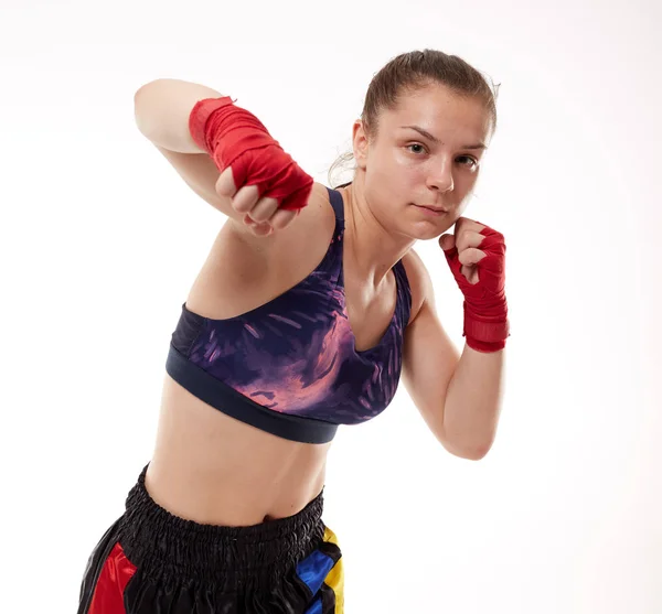 Young Girl Kickboxing Fighter Training Isolated White Background — Stock Photo, Image