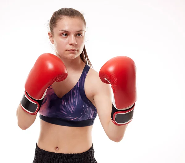 Young Girl Kickboxing Fighter Training Isolated White Background — Stock Photo, Image