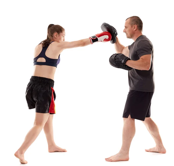 Girl Kickboxing Fighter Hitting Mitts Her Coach Isolated White Background — Stock Photo, Image