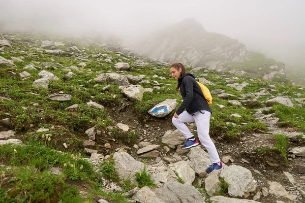 Mujer Con Mochila Senderismo Sendero Las Montañas Rocosas — Foto de Stock