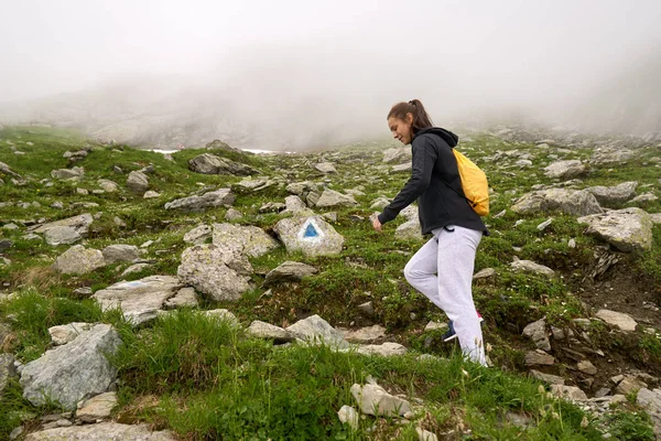 Mulher Com Mochila Caminhadas Uma Trilha Nas Montanhas Rochosas — Fotografia de Stock