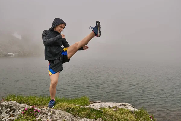 Kickboxer Girl Training Lake Mountains — Stock Photo, Image