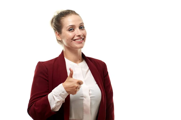 Zelfverzekerde Jonge Zakenvrouw Tonen Duimen Omhoog Geïsoleerd Witte Achtergrond — Stockfoto