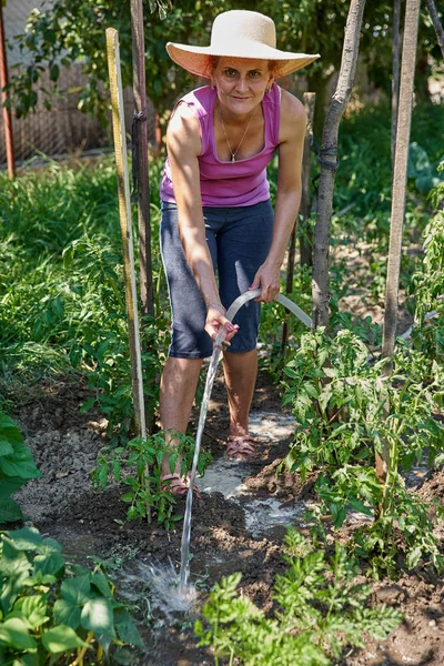 Vrouw Tuinman Drenken Planten Haar Tuin Overdag — Stockfoto