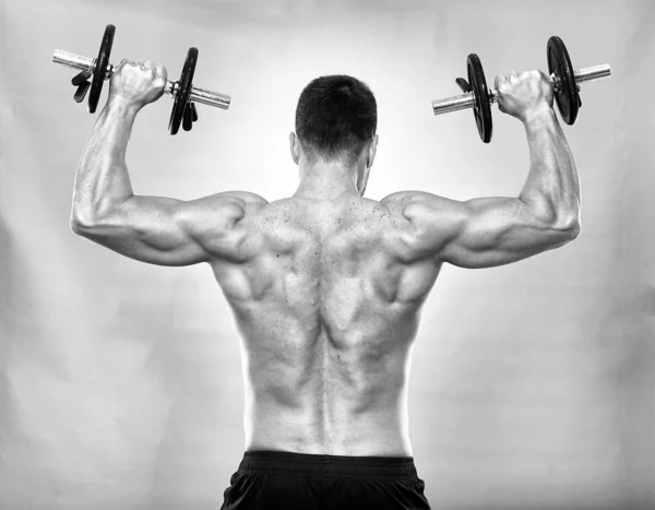 Fitness Model Working Out Weights Gray Background — Stock Photo, Image