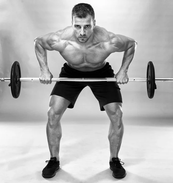 Man Doing Back Workout Barbell Row Studio Gray Background — Stock Photo, Image