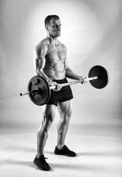 Man Doing Biceps Curl Barbell Studio — Stock Photo, Image