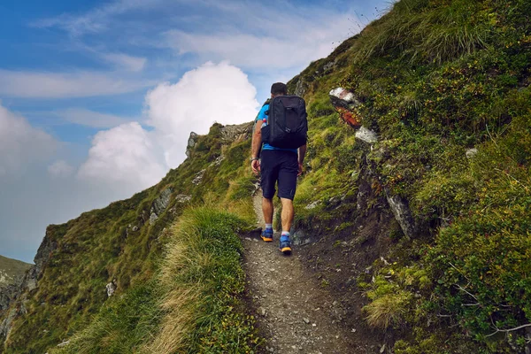 Homem Caucasiano Com Mochila Caminhando Uma Trilha Nas Montanhas Rochosas — Fotografia de Stock