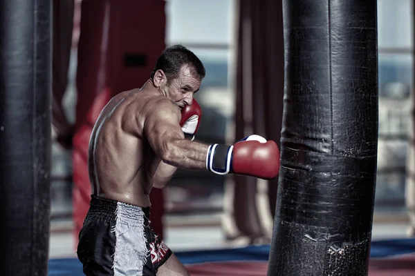 Muay Thai Kämpfer Tritt Gegen Die Schwere Tasche — Stockfoto