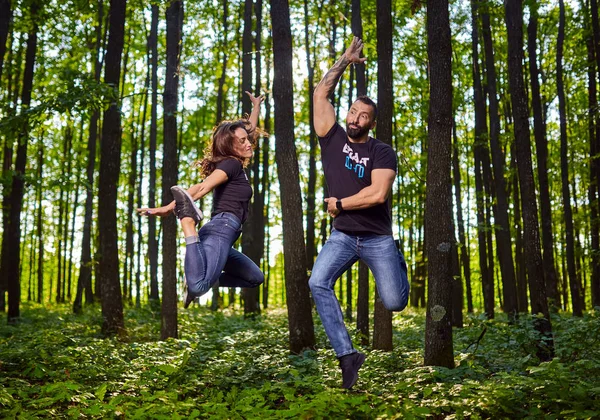 Funny Couple Jumping Joy — Stock Photo, Image