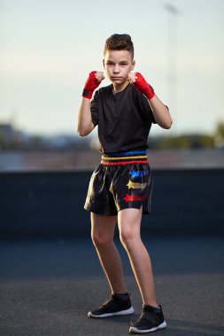 Genç muay-tay savaşçı veya kick-boxer eğitim şehrin üzerinde çatıda