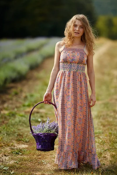 Jovem Agricultor Atraente Mulher Vestido Floral Época Colheita Seu Campo — Fotografia de Stock