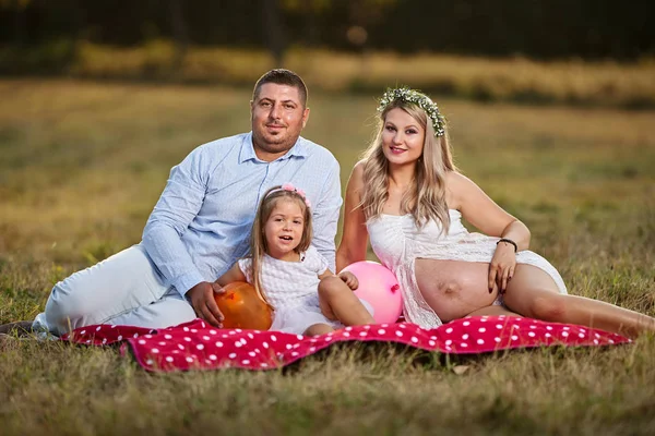 Donna Incinta Sua Famiglia Godendo Una Giornata Estiva All Aperto — Foto Stock