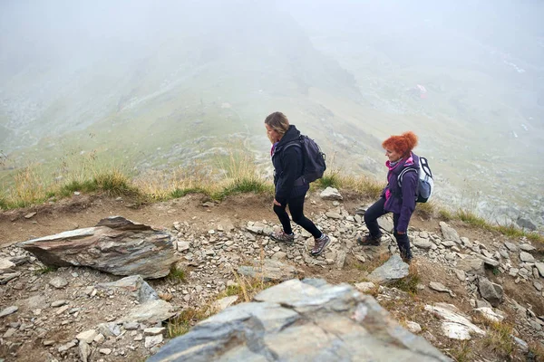 Sırt Çantaları Bir Dağ Yolu Üzerinde Yürüyüş Ile Iki Kadın — Stok fotoğraf