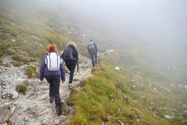 Grupo Pessoas Com Mochilas Caminhadas Uma Trilha Montanha — Fotografia de Stock