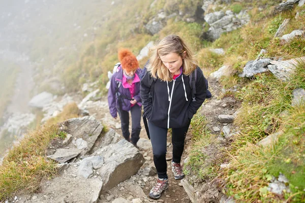 Två Kvinnor Med Ryggsäckar Vandra Fjäll Stig — Stockfoto