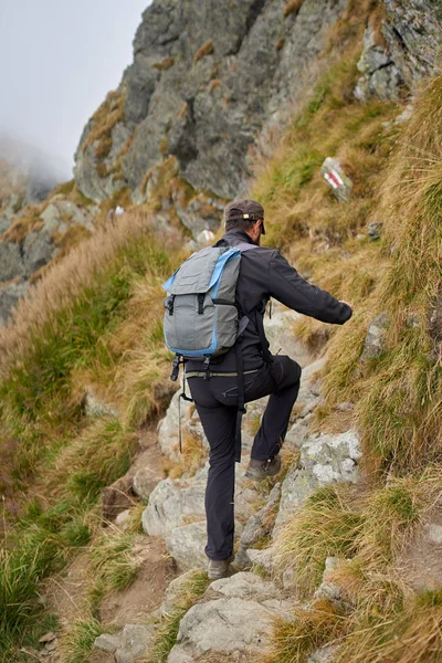 Man Met Rugzak Wandelen Een Bergpad — Stockfoto