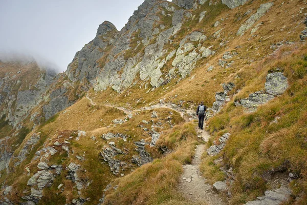 Homme Avec Sac Dos Randonnée Sur Sentier Montagne — Photo