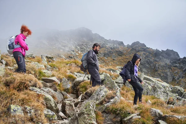 Група Людей Рюкзаками Ходять Гірській Стежці — стокове фото