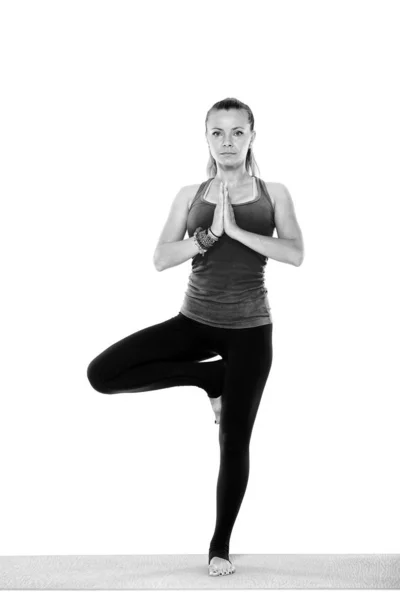 Mujer Profesora Yoga Varias Poses Aislada Sobre Fondo Blanco — Foto de Stock